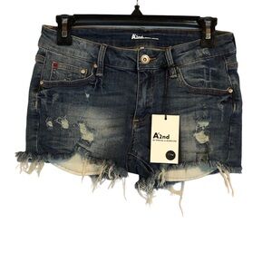 A2nd Women's Distressed Low Cut Frayed Hem Denim Shorts - Dark Blue Medium